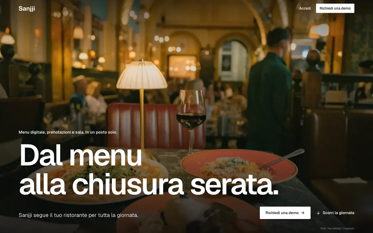 La home di Sanjji: la sala di un ristorante la sera e il titolo «Dal menu alla chiusura serata.»