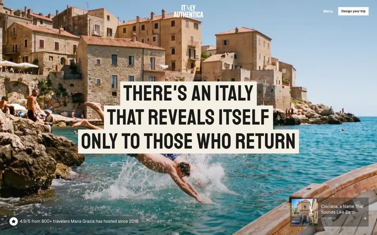 Home page di Italy Authentica su computer: una foto a tutto schermo e il titolo del sito.